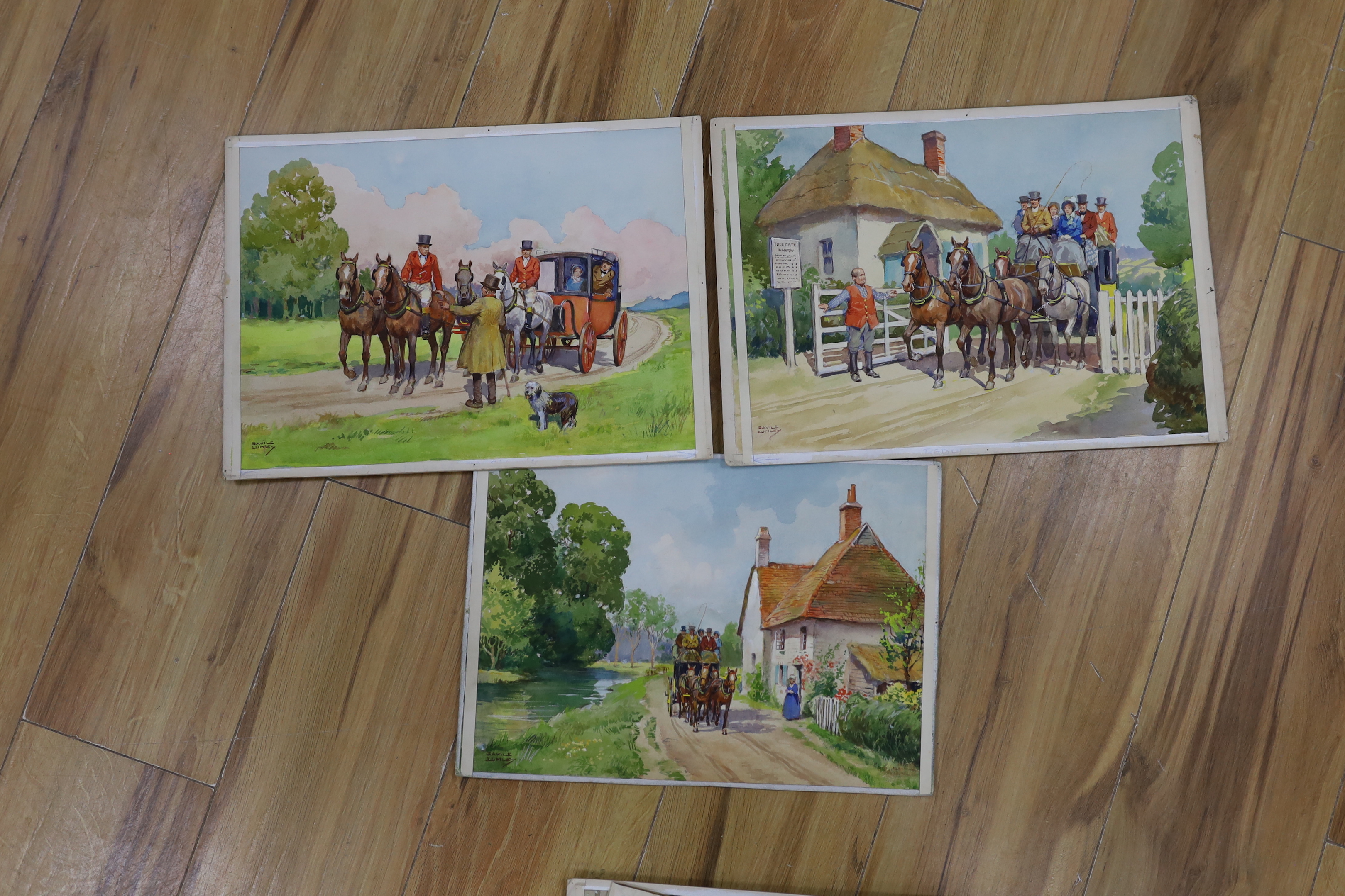 Savile Lumley (1876-1960), six original watercolours for greeting cards, Victorian coaching scenes, each signed/initialled unframed, largest 26 x 36cm